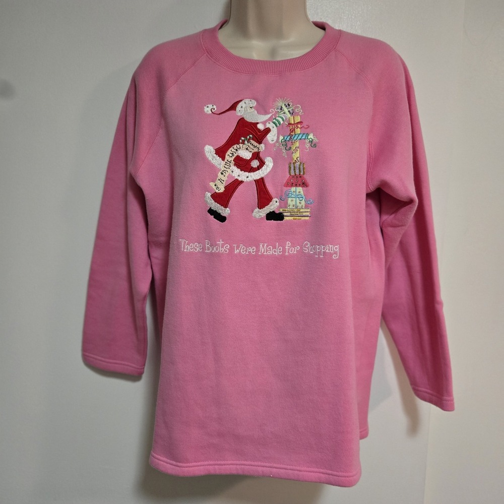 Quacker Factory Size XS Pink Embroidered Christmas Sweatshirt Top Santa Presents